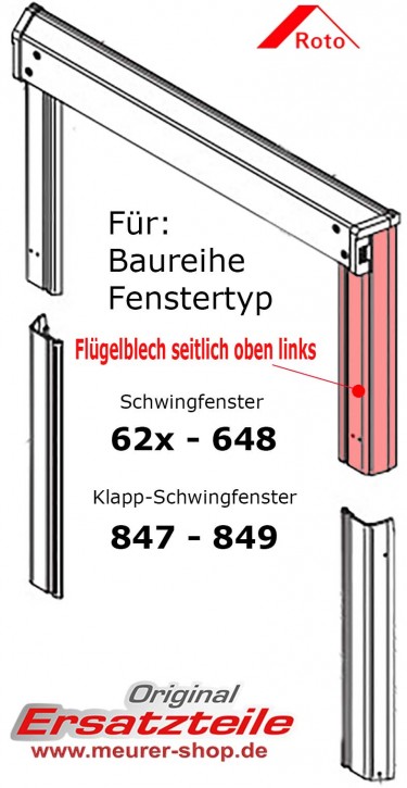 Original Flügelabdeckblech Links Oben, für Roto Dachfenster Fensterflügel 6xx / 84x