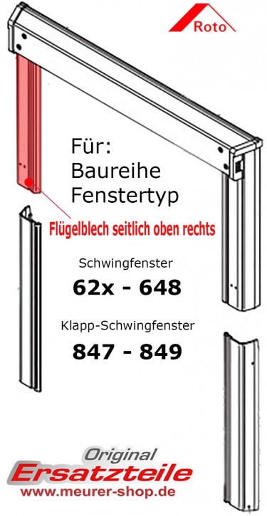 Original Flügelabdeckblech Rechts Oben, für Roto Dachfenster Fensterflügel 6xx / 84x